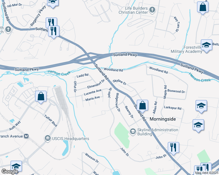 map of restaurants, bars, coffee shops, grocery stores, and more near 4203 John St in Suitland
