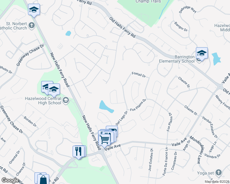 map of restaurants, bars, coffee shops, grocery stores, and more near 4076 Fox Island Drive in Florissant