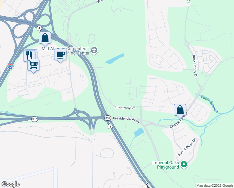 map of restaurants, bars, coffee shops, grocery stores, and more near 8600 Pennsylvania Avenue in Upper Marlboro