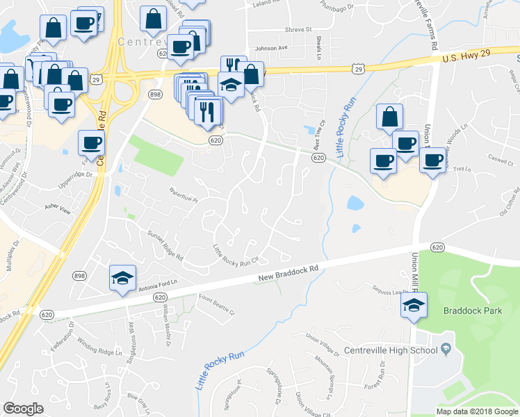 map of restaurants, bars, coffee shops, grocery stores, and more near 5854 Clarendon Springs Place in Centreville