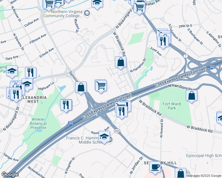 map of restaurants, bars, coffee shops, grocery stores, and more near 4921 Seminary Road in Alexandria