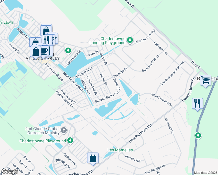map of restaurants, bars, coffee shops, grocery stores, and more near 3408 Hiram Street in Saint Charles