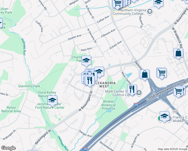 map of restaurants, bars, coffee shops, grocery stores, and more near 1500 North Beauregard Street in Alexandria