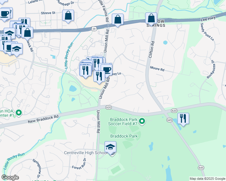 map of restaurants, bars, coffee shops, grocery stores, and more near 5671 Lonesome Dove Court in Clifton