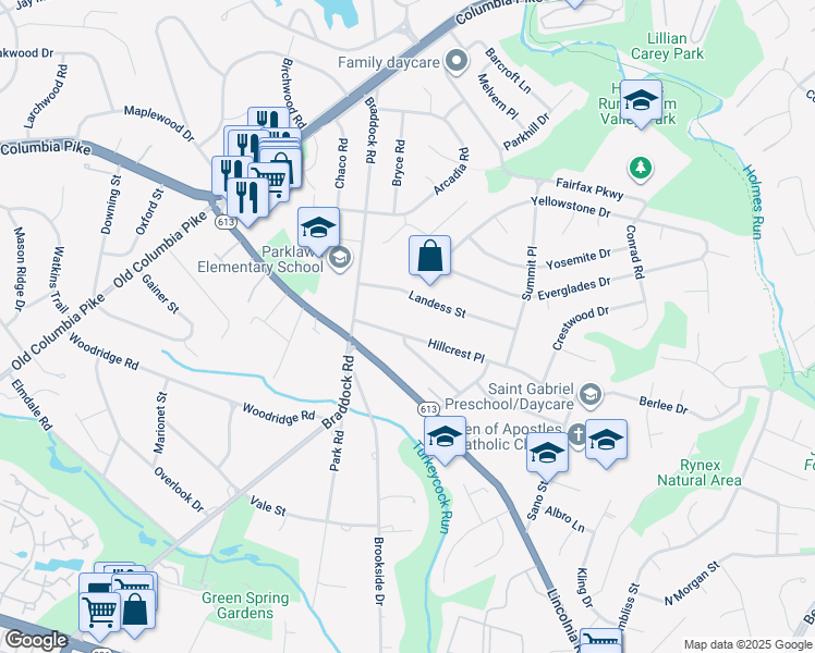 map of restaurants, bars, coffee shops, grocery stores, and more near 6356 Hillcrest Place in Alexandria