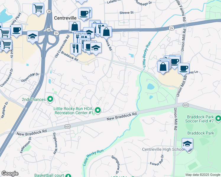 map of restaurants, bars, coffee shops, grocery stores, and more near 5852 Clarendon Springs Place in Centreville