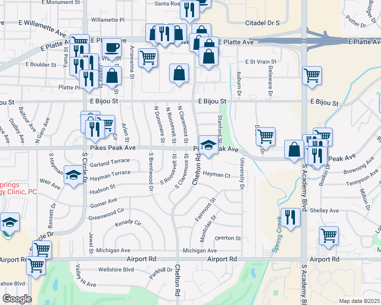 map of restaurants, bars, coffee shops, grocery stores, and more near 10 South Claremont Street in Colorado Springs