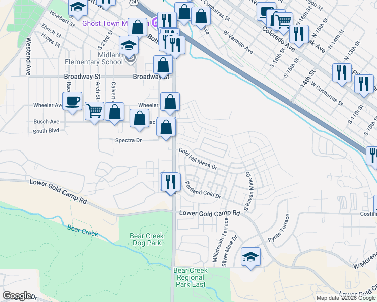map of restaurants, bars, coffee shops, grocery stores, and more near 1618 Gold Hill Mesa Drive in Colorado Springs