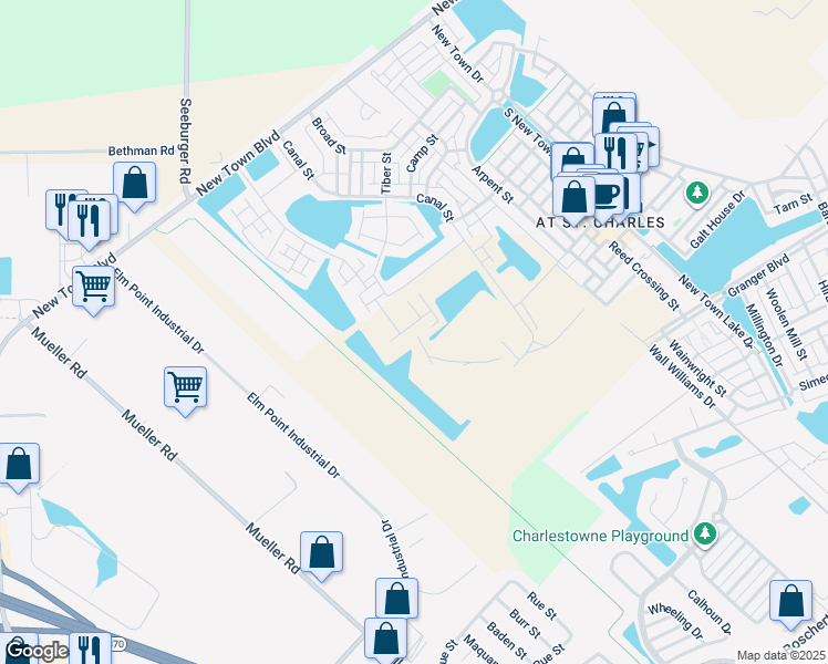 map of restaurants, bars, coffee shops, grocery stores, and more near Boschert Trail in Saint Charles