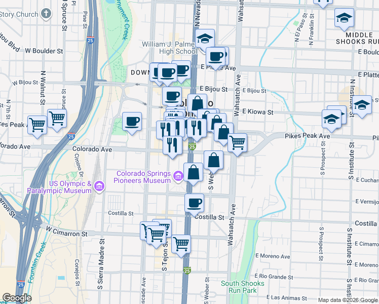 map of restaurants, bars, coffee shops, grocery stores, and more near 98 CanAm Highway in Colorado Springs