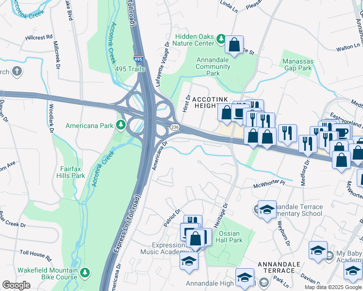 map of restaurants, bars, coffee shops, grocery stores, and more near 4257 Americana Drive in Annandale