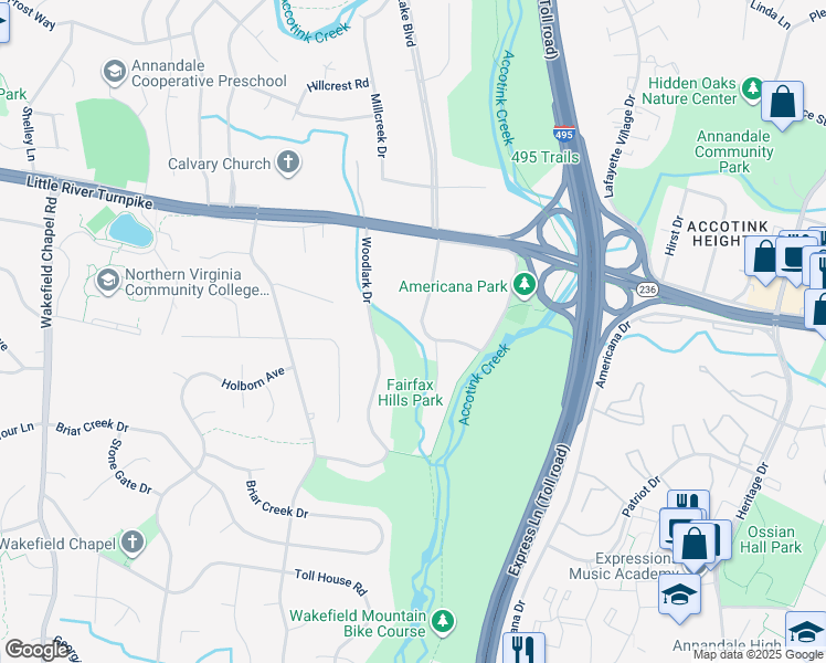 map of restaurants, bars, coffee shops, grocery stores, and more near 4206 Pineridge Drive in Annandale