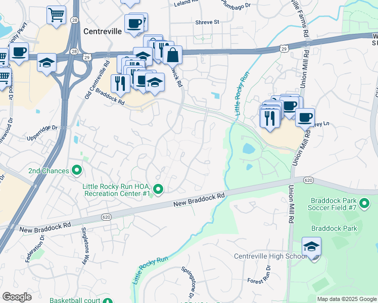 map of restaurants, bars, coffee shops, grocery stores, and more near 5869 Clarendon Springs Place in Centreville
