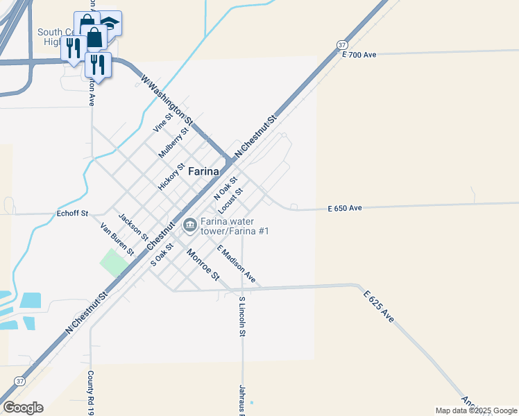 map of restaurants, bars, coffee shops, grocery stores, and more near 306 North Poplar Street in Farina