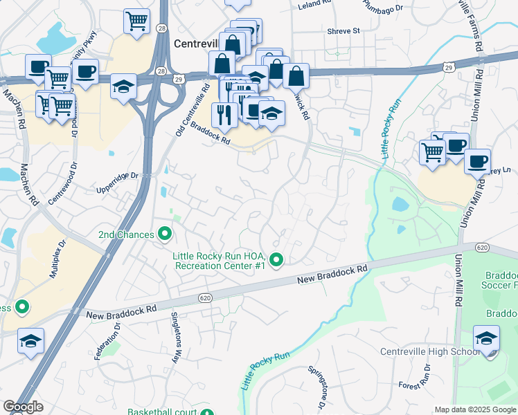 map of restaurants, bars, coffee shops, grocery stores, and more near 6000 Rockton Court in Centreville