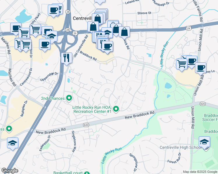 map of restaurants, bars, coffee shops, grocery stores, and more near 6000 Rockton Court in Centreville