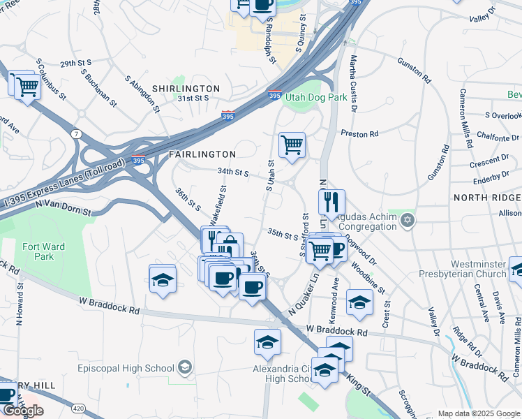 map of restaurants, bars, coffee shops, grocery stores, and more near 3460 South Utah Street in Arlington