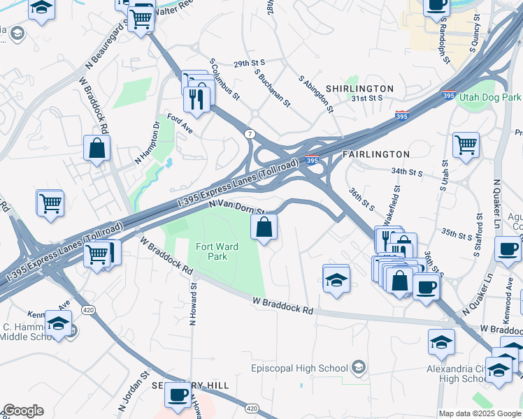 map of restaurants, bars, coffee shops, grocery stores, and more near 2500 North Van Dorn Street in Alexandria
