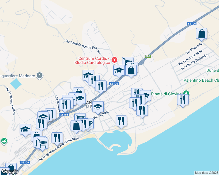 map of restaurants, bars, coffee shops, grocery stores, and more near 155 Viale Crotone in Catanzaro