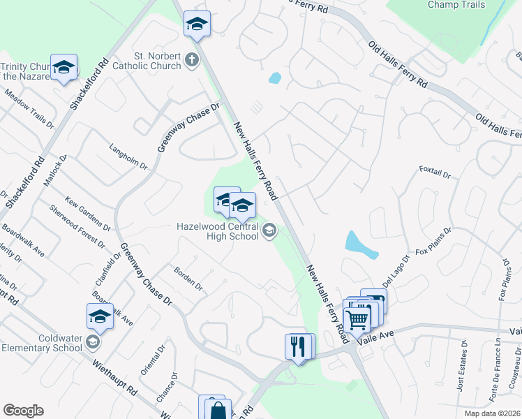 map of restaurants, bars, coffee shops, grocery stores, and more near 15955 New Halls Ferry Road in Florissant