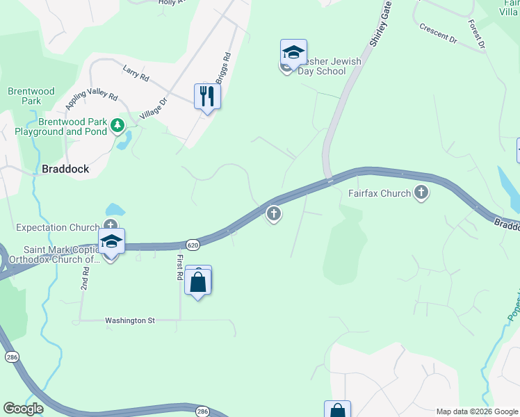 map of restaurants, bars, coffee shops, grocery stores, and more near 11674 Braddock Road in Fairfax
