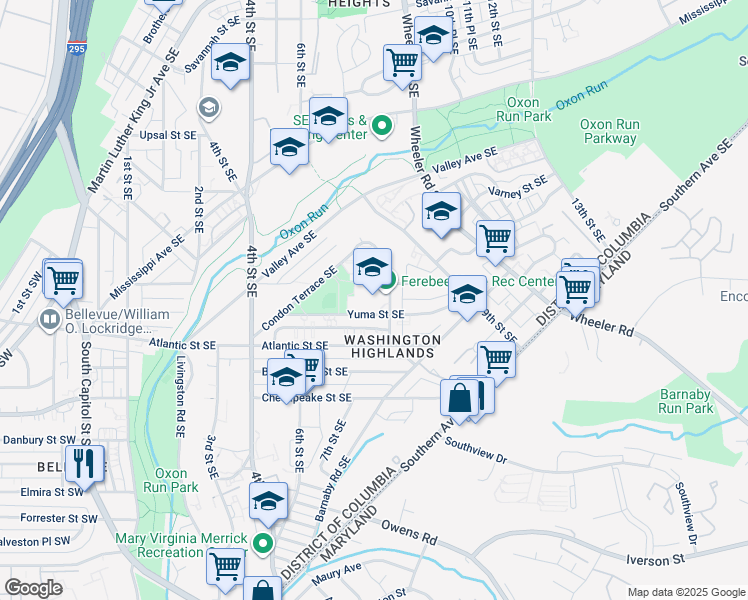 map of restaurants, bars, coffee shops, grocery stores, and more near 3999 8th Street Southeast in Washington