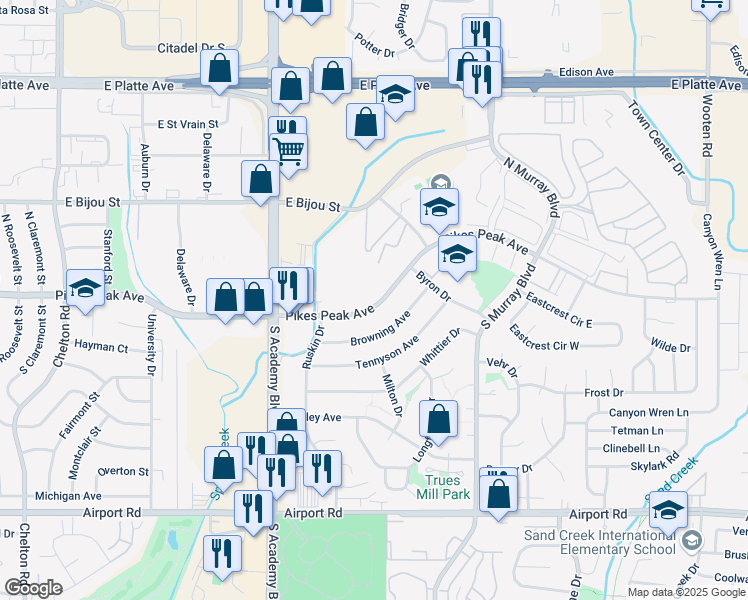 map of restaurants, bars, coffee shops, grocery stores, and more near 4015 East Pikes Peak Avenue in Colorado Springs