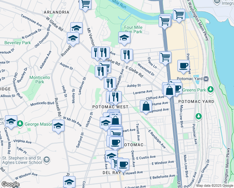 map of restaurants, bars, coffee shops, grocery stores, and more near 101 Independence Avenue Southeast in Washington