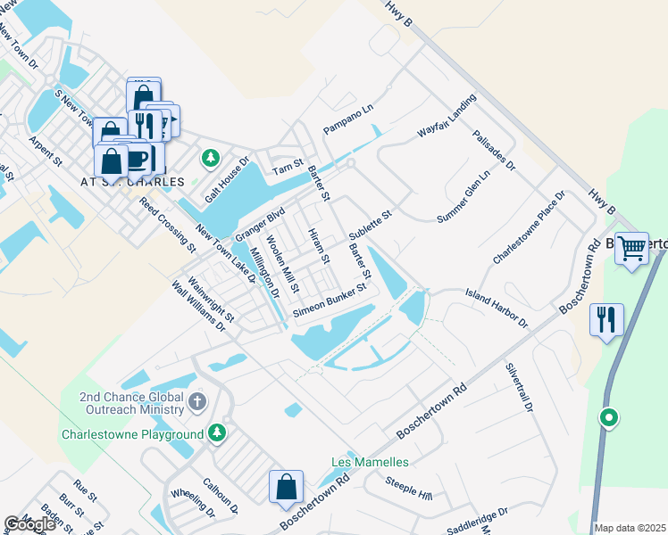map of restaurants, bars, coffee shops, grocery stores, and more near 3400 Simeon Bunker Street in Saint Charles