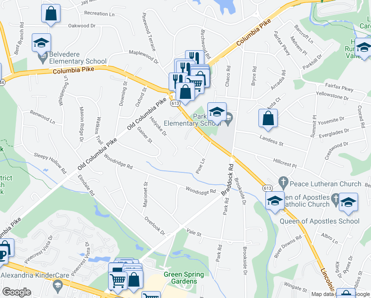 map of restaurants, bars, coffee shops, grocery stores, and more near 4210 Pine Lane in Alexandria