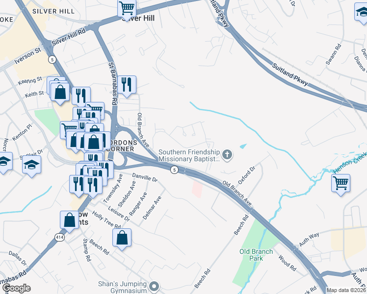 map of restaurants, bars, coffee shops, grocery stores, and more near Applegate Lane in Suitland-Silver Hill