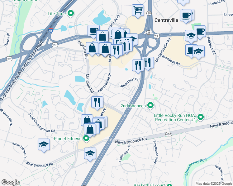 map of restaurants, bars, coffee shops, grocery stores, and more near 14200 Beddingfield Way in Centreville