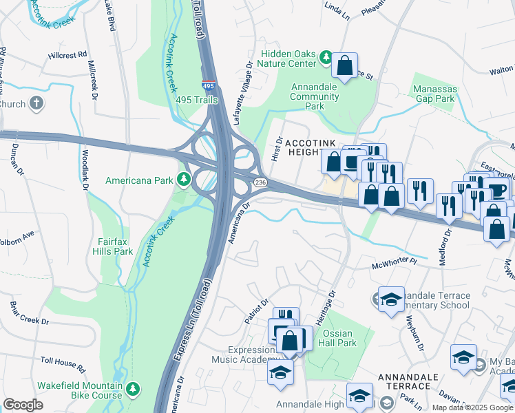 map of restaurants, bars, coffee shops, grocery stores, and more near 4267 Americana Drive in Annandale