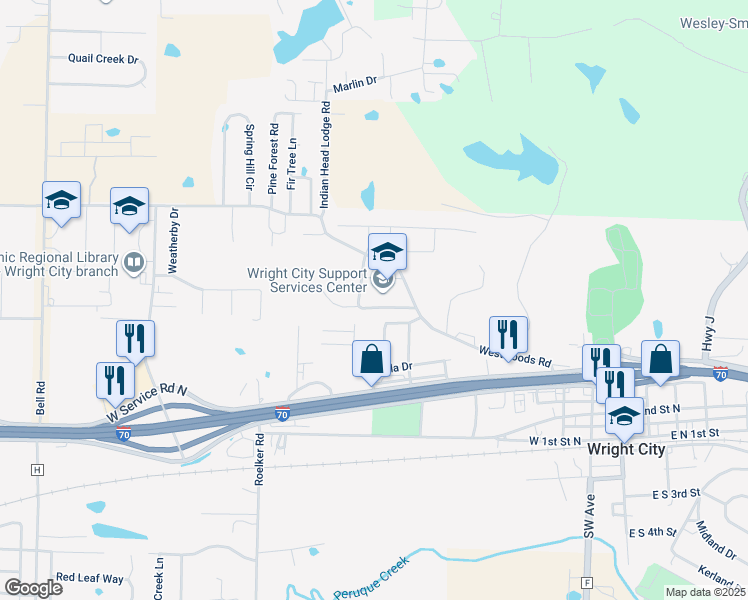 map of restaurants, bars, coffee shops, grocery stores, and more near 520 Westwoods Road in Wright City