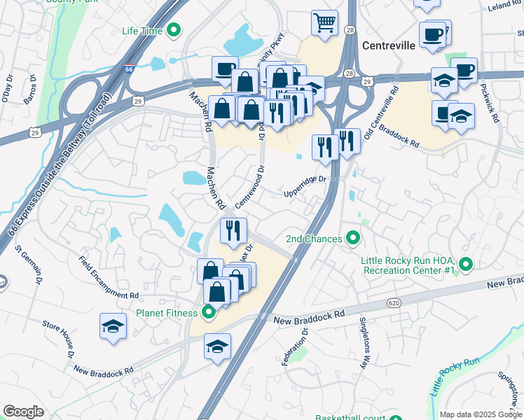 map of restaurants, bars, coffee shops, grocery stores, and more near 14219 Beddingfield Way in Centreville