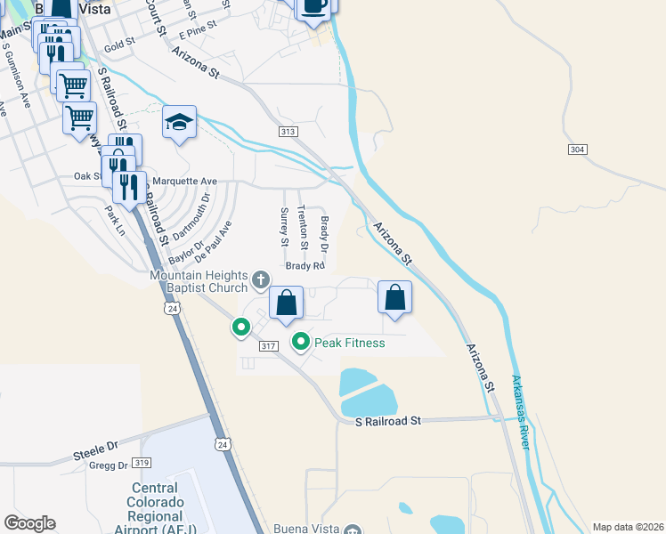 map of restaurants, bars, coffee shops, grocery stores, and more near 121 Brady Road in Buena Vista