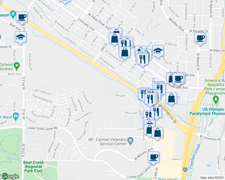 map of restaurants, bars, coffee shops, grocery stores, and more near 1025 Garner Street in Colorado Springs