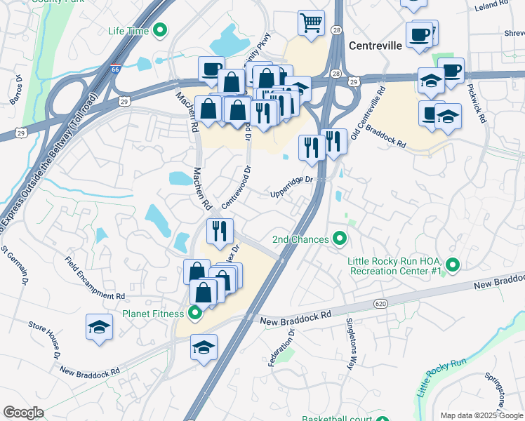 map of restaurants, bars, coffee shops, grocery stores, and more near 14200 Beddingfield Way in Centreville