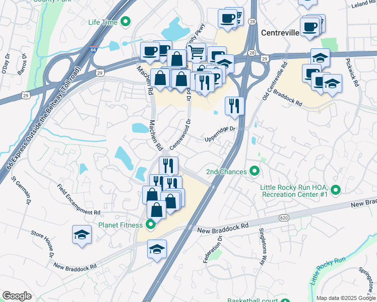 map of restaurants, bars, coffee shops, grocery stores, and more near 14219 Beddingfield Way in Centreville