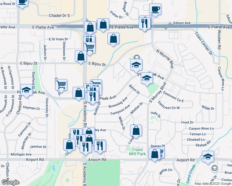 map of restaurants, bars, coffee shops, grocery stores, and more near 4015 East Pikes Peak Avenue in Colorado Springs