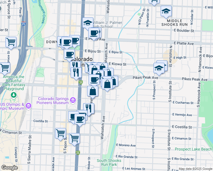 map of restaurants, bars, coffee shops, grocery stores, and more near 333 East Colorado Avenue in Colorado Springs