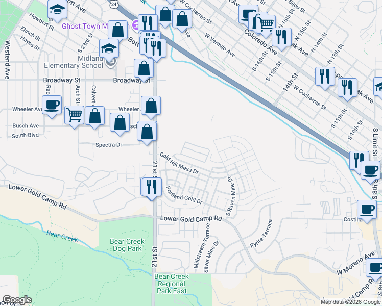 map of restaurants, bars, coffee shops, grocery stores, and more near 1921 Calle De Seville in Colorado Springs