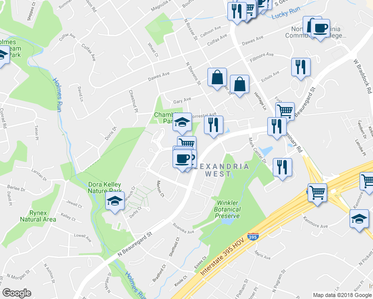 map of restaurants, bars, coffee shops, grocery stores, and more near 5653 Rayburn Avenue in Alexandria