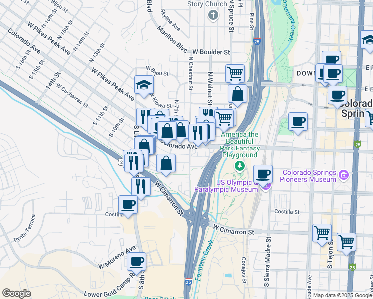 map of restaurants, bars, coffee shops, grocery stores, and more near 600-612 West Cucharras Street in Colorado Springs