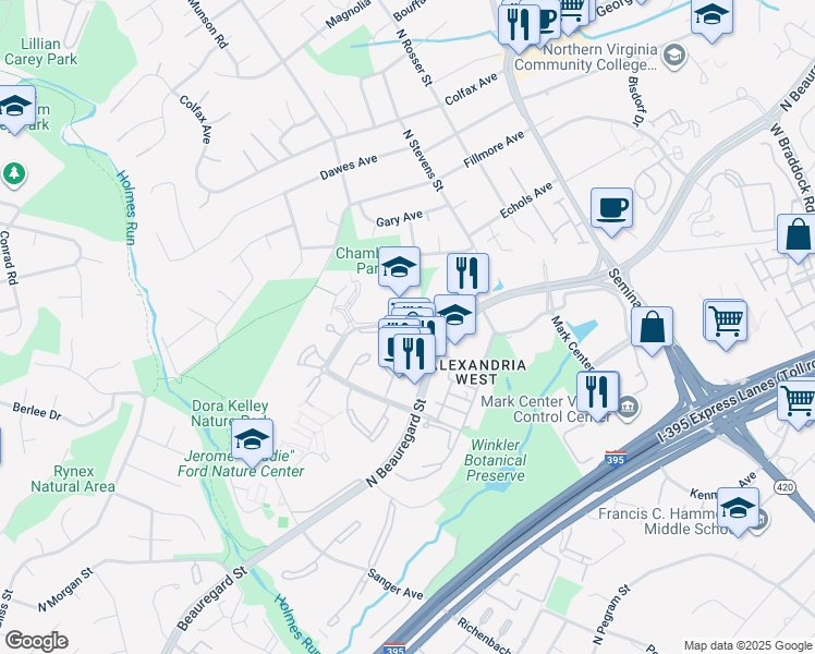 map of restaurants, bars, coffee shops, grocery stores, and more near 5653 Rayburn Avenue in Alexandria