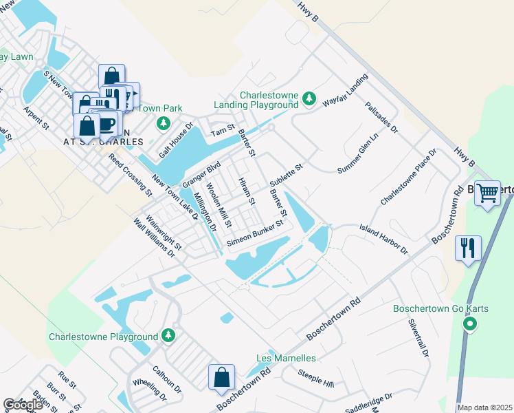 map of restaurants, bars, coffee shops, grocery stores, and more near 3424 Hiram Street in St. Charles