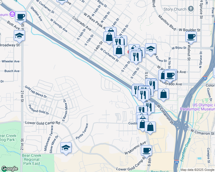 map of restaurants, bars, coffee shops, grocery stores, and more near 1025 Garner Street in Colorado Springs