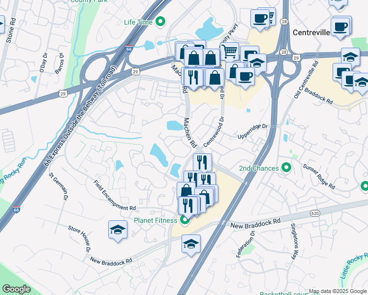map of restaurants, bars, coffee shops, grocery stores, and more near 6206 Summer Pond Drive in Centreville