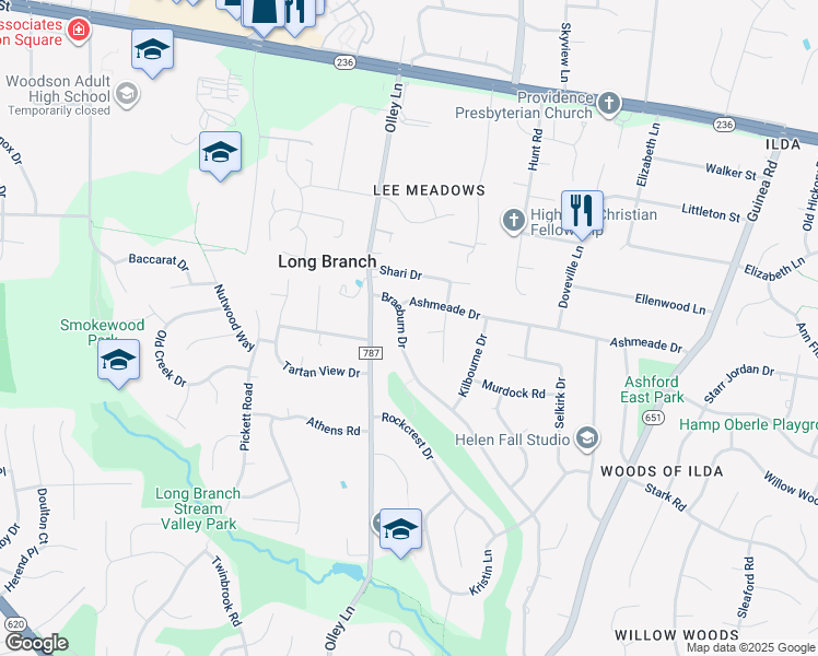 map of restaurants, bars, coffee shops, grocery stores, and more near 4211 Braeburn Drive in Fairfax