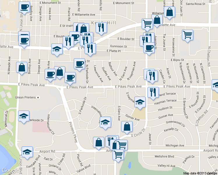 map of restaurants, bars, coffee shops, grocery stores, and more near 2573 East Pikes Peak Avenue in Colorado Springs